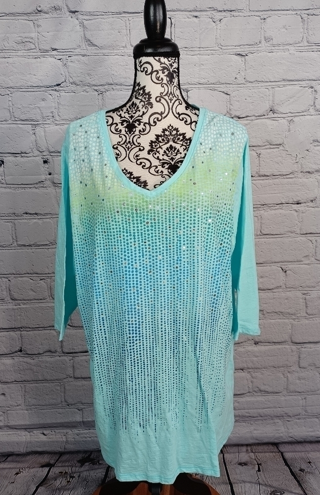 Women’s V-Neck Sequin Knit Top - Aqua Teal